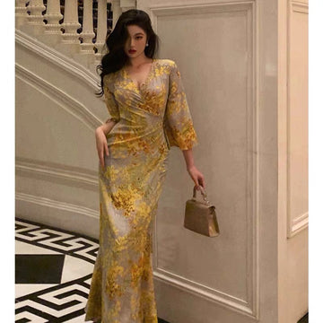 Sheath V Neckline Floral Yellow Slit Prom Dresses Birthday Outfits Evening Gown SD1034